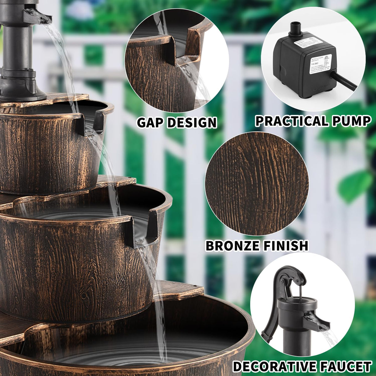 YI 11L capacity barrel fountain supports longer outdoor displays.