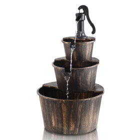 YI barrel waterfall fountain 40inch enhances outdoor ambiance with soothing water sounds.