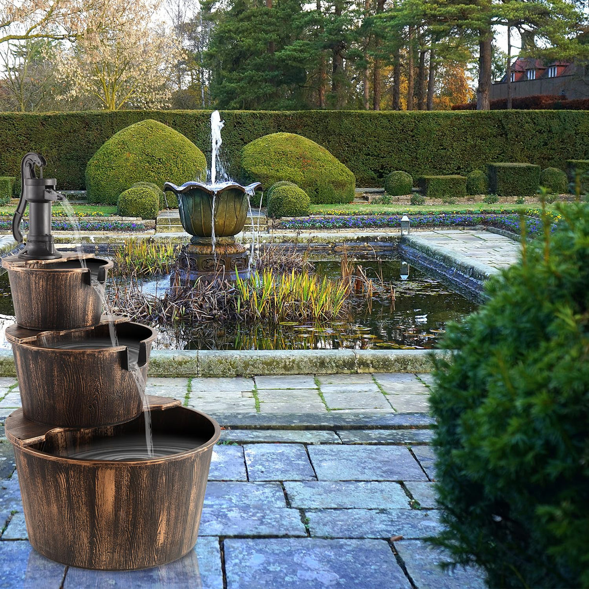 YI outdoor water feature with wood barrel for patio charm.