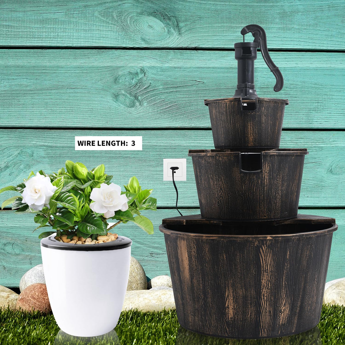 YI patio garden barrel fountain installation-ready water feature.