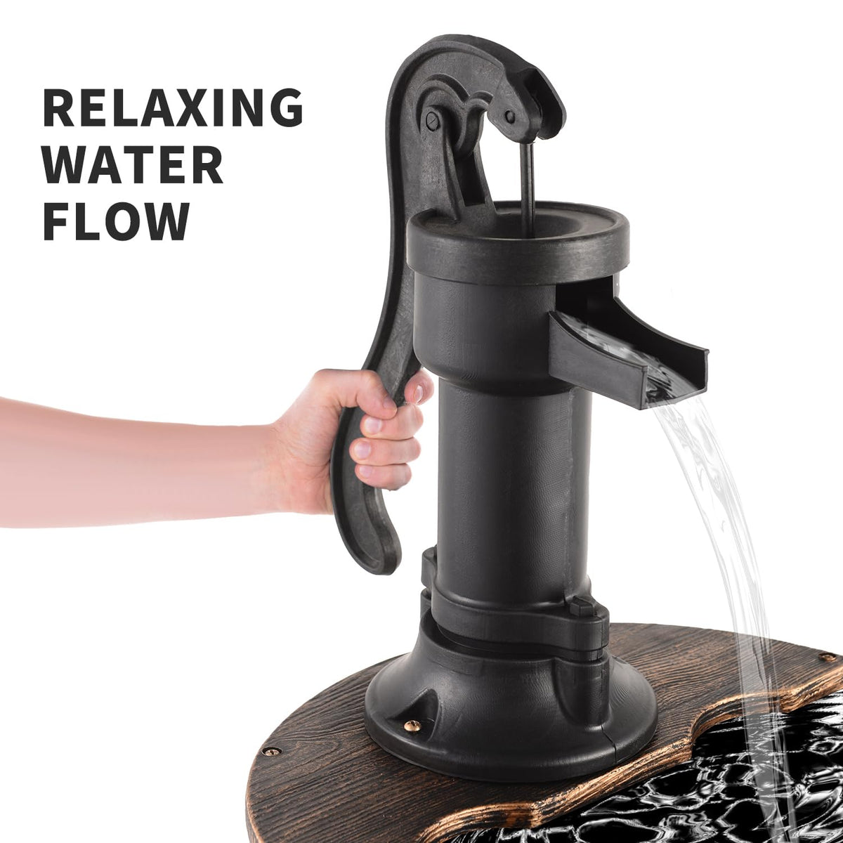 YI rustic barrel fountain with pump provides tranquil garden ambiance.
