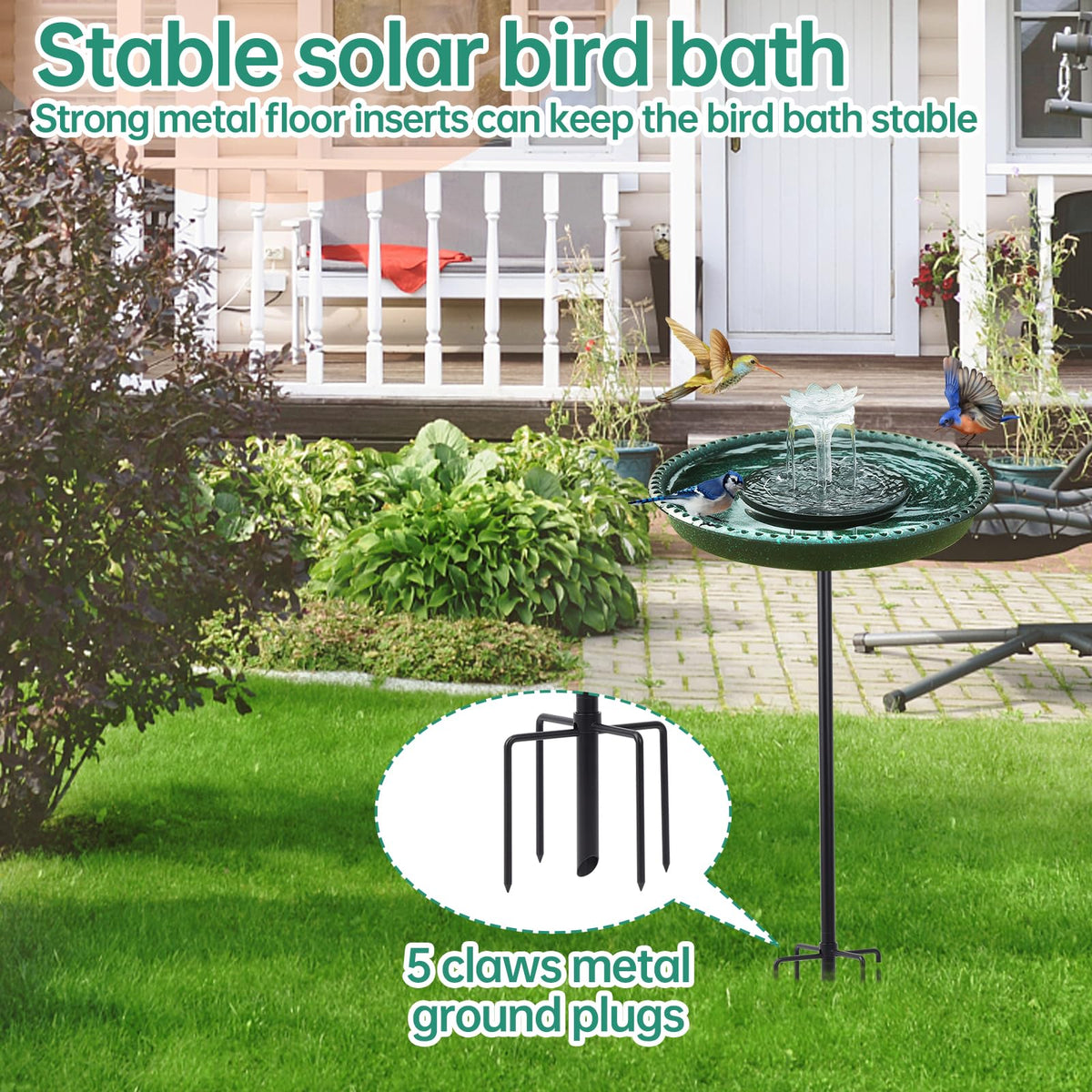 Yiabivo bird bath with 5-prong base ensures stable outdoor decor in windy conditions.
