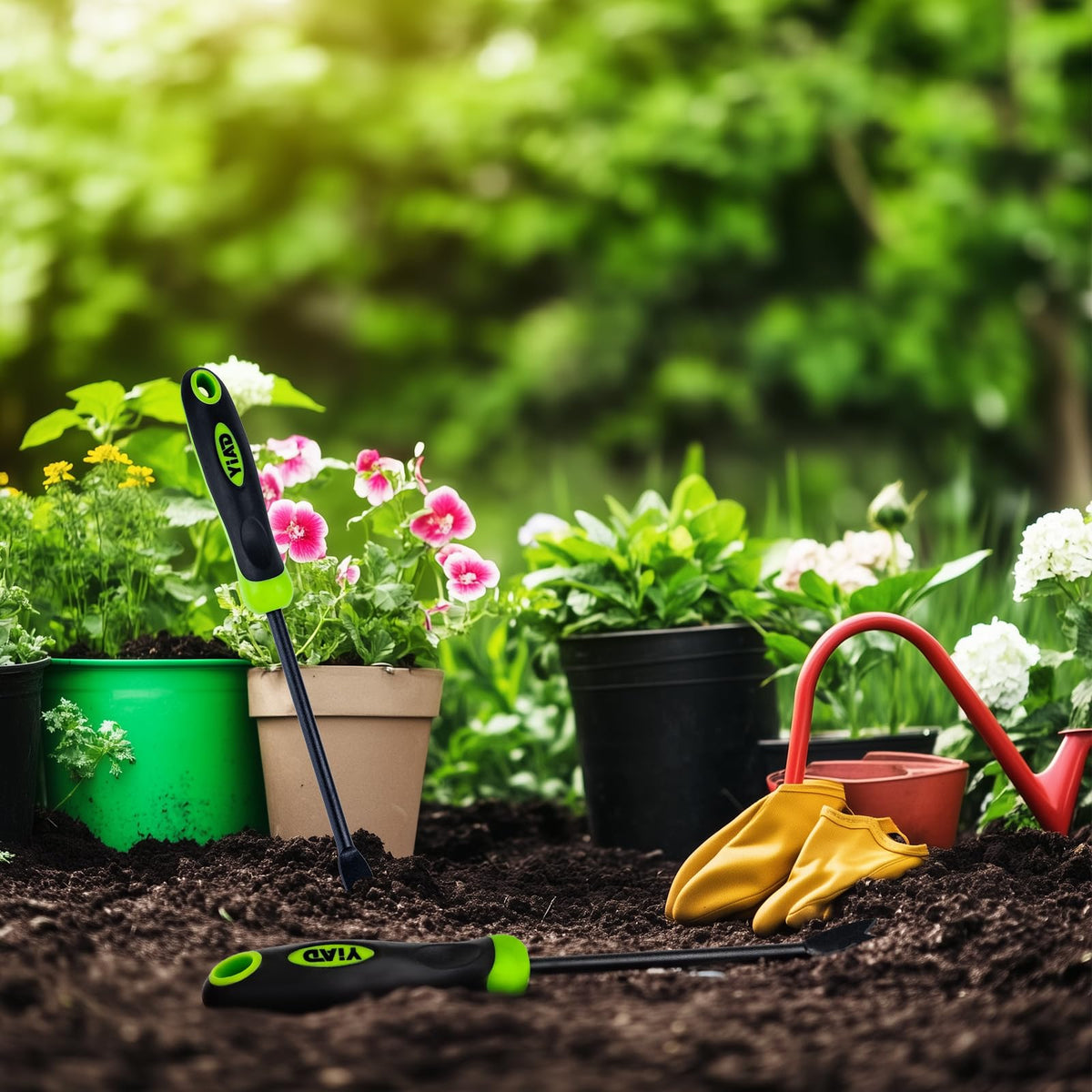 YIAD Dragon Horse tool shown in a multi-scene garden setup for diverse tasks.