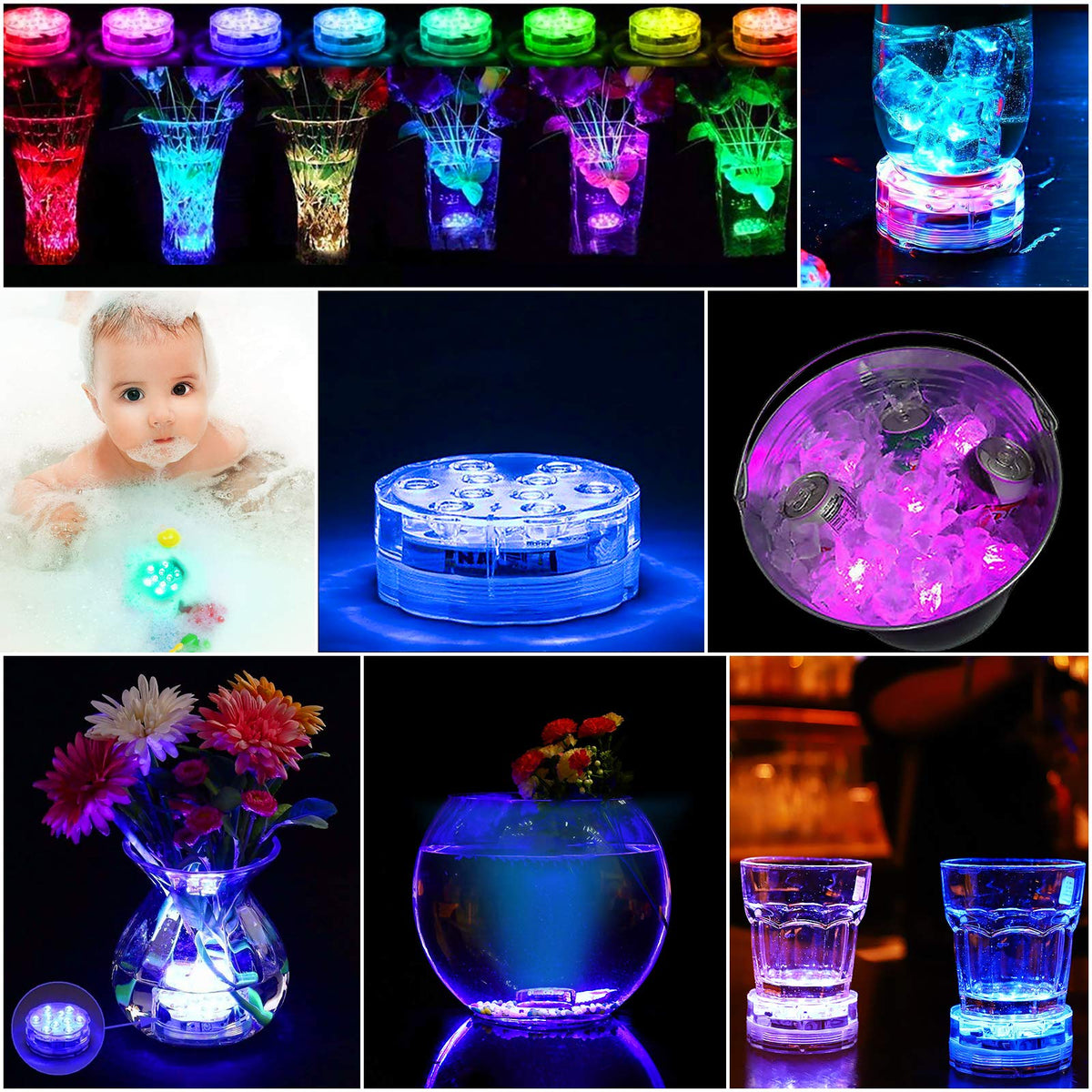 Bright waterproof LEDs with 16 color options enhance parties and weddings.