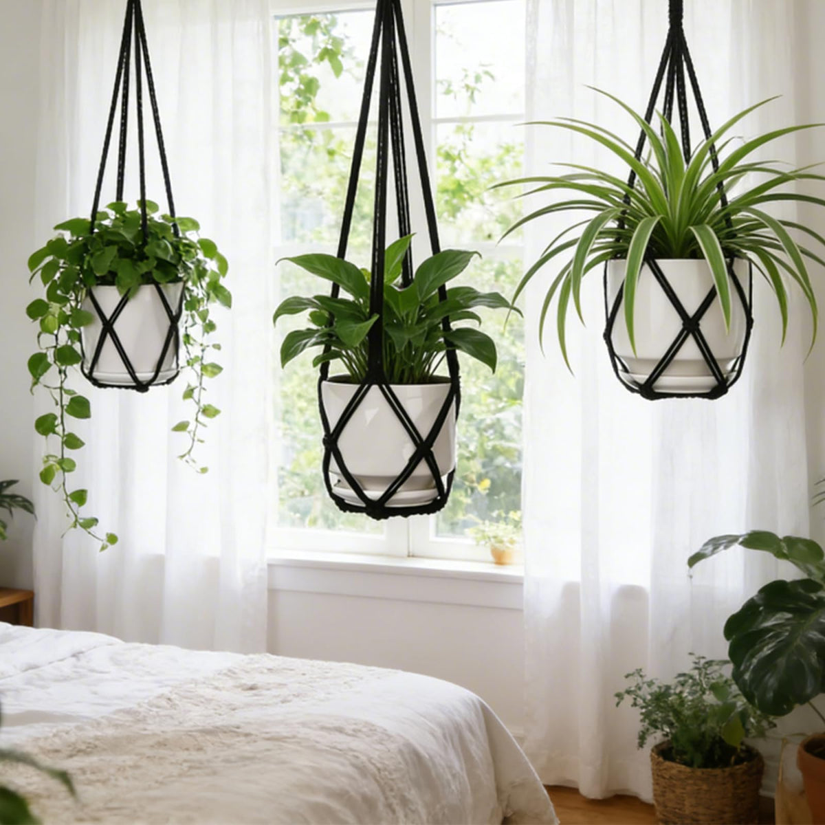 YIBOT boho macrame hanger enhances balcony or living room decor.