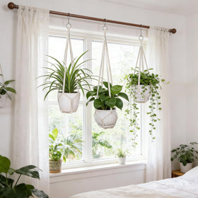YIBOT ivory macrame hanger in a cozy living room setup