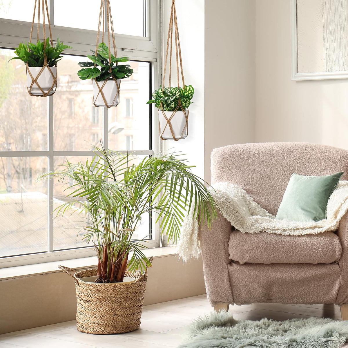 YIBOT macrame hanger space-saving vertical display in a bright corner
