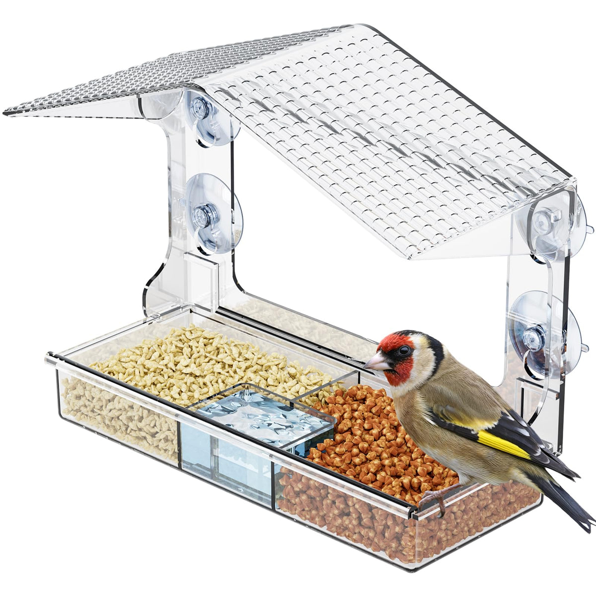 Yieach acrylic window bird feeder with seed tray for close-up bird watching.