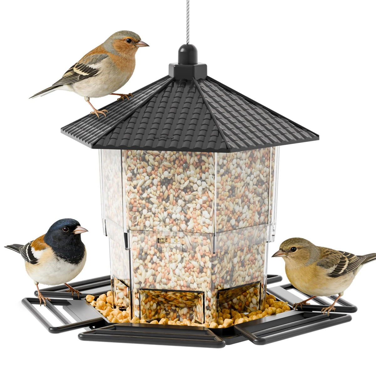 Yieach hopper bird feeder with green finish and seed-tray guardrails for tidy feeding