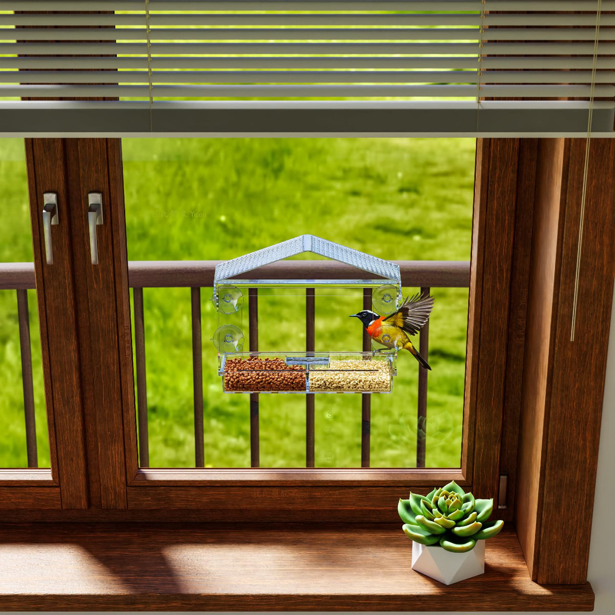 Yieach window-mount feeder suited for outdoors, balconies, and patios.