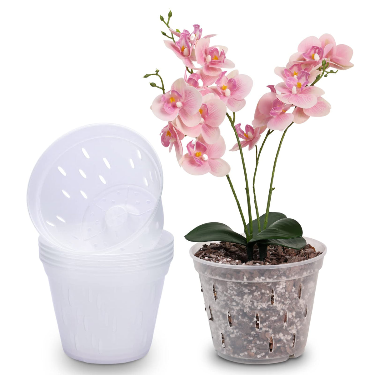 YIKUSH clear orchid pot with holes front view showing drainage for healthy roots.