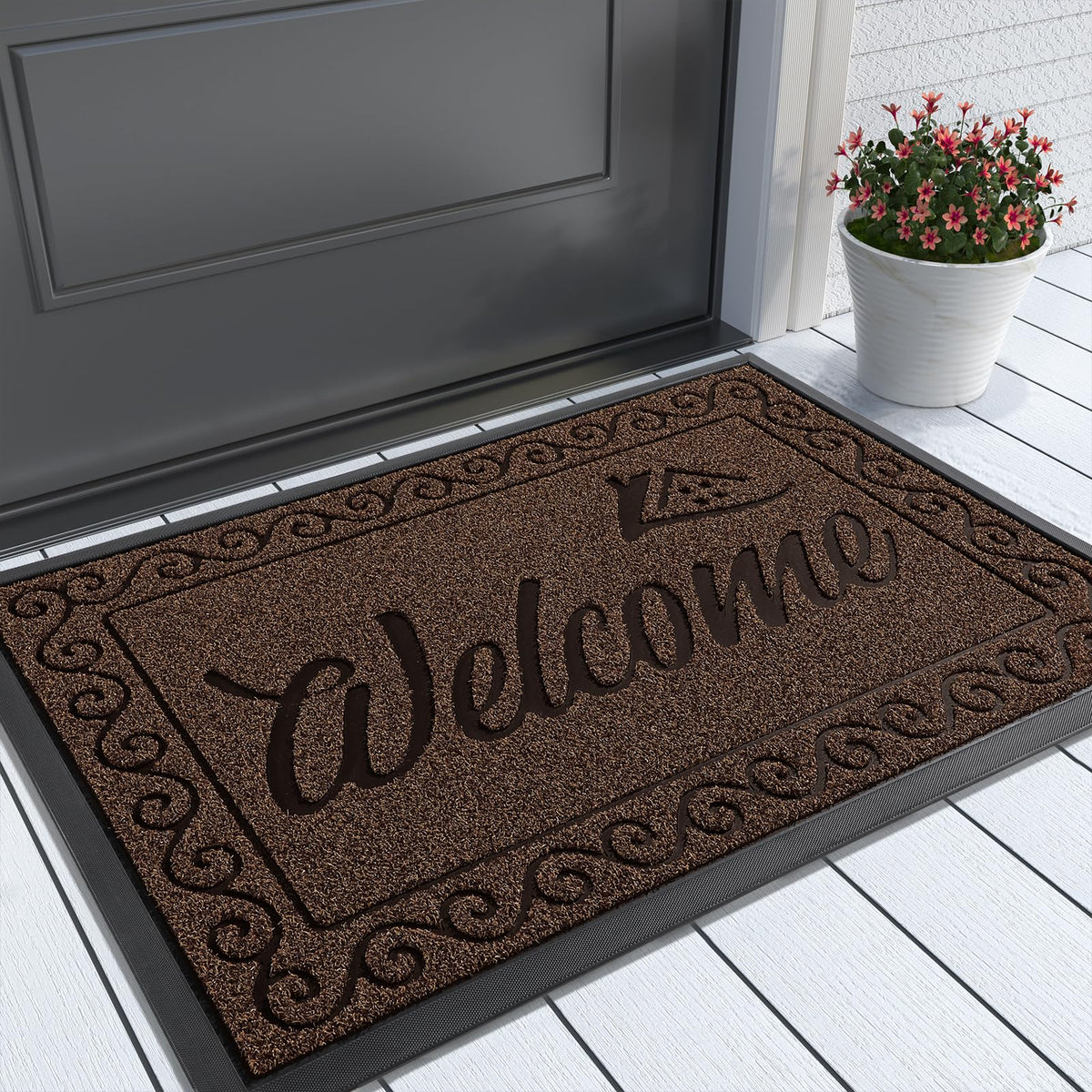 Yimobra welcome mat with artificial grass traps dirt and debris at the doorway