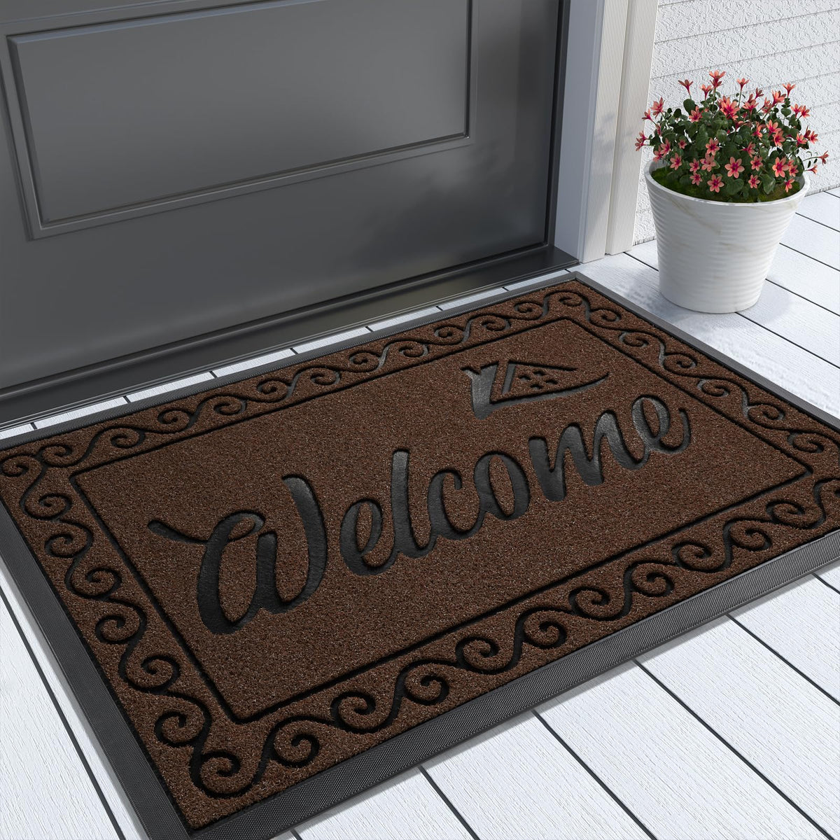 Yimobra coffee color front doormat greets guests with durable, weather-ready design
