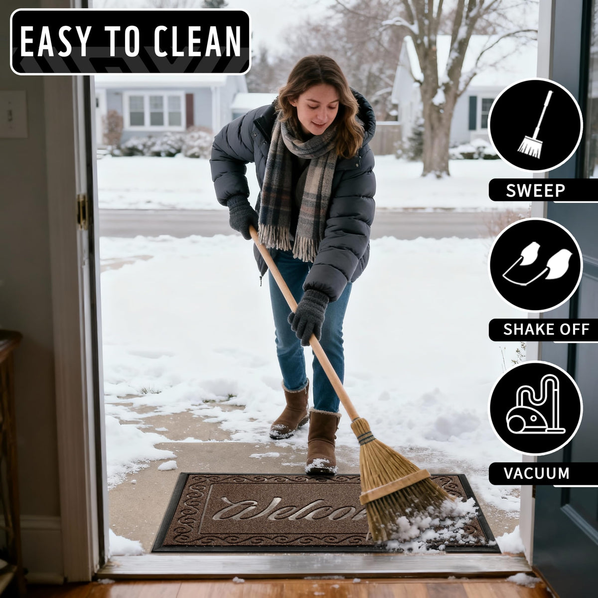 Yimobra welcome mat easy to clean by vacuuming, sweeping, or rinsing with water