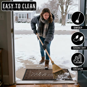 Yimobra welcome mat easy to clean by vacuuming, sweeping, or rinsing with water