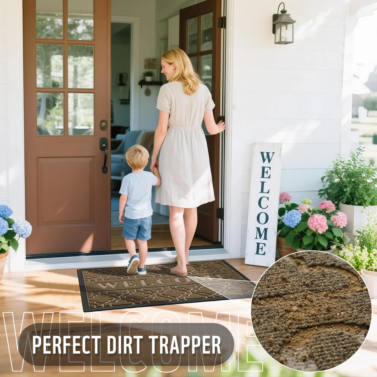 Yimobra Welcome Mat easy-clean surface can be swept or washed.
