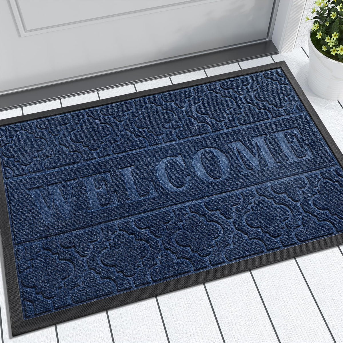 Yimobra welcome mat front door blue, traps dirt efficiently