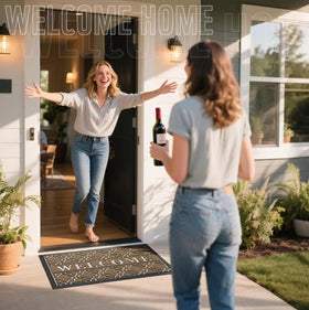 Yimobra Welcome Mat showing non-slip backing keeps mat in place.