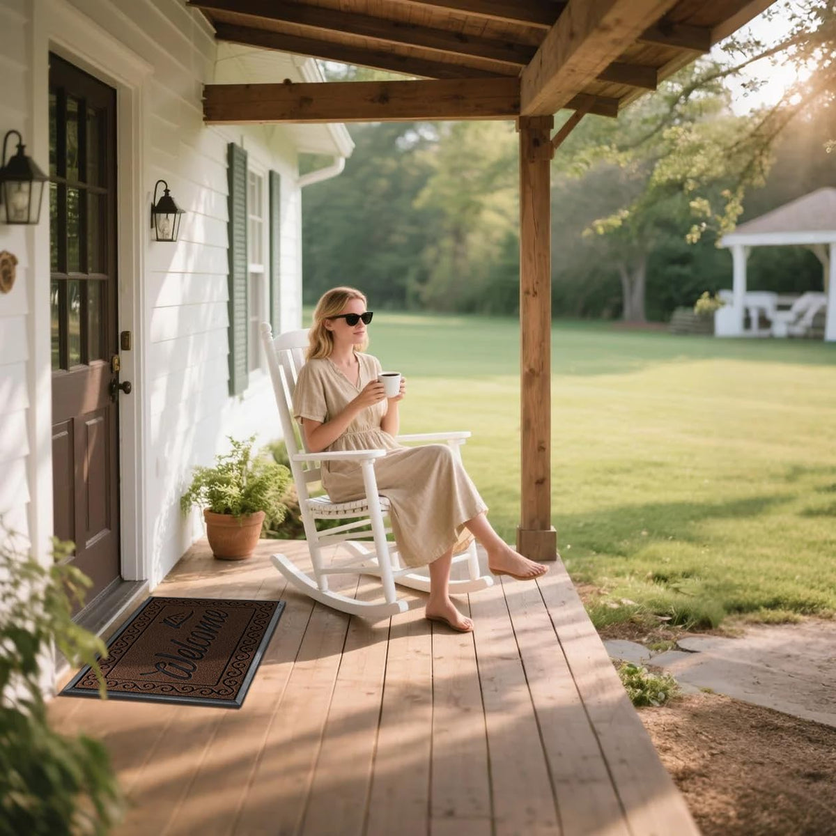 Yimobra welcome mat shows rubber beveled edges that help trap water and keep floors dry