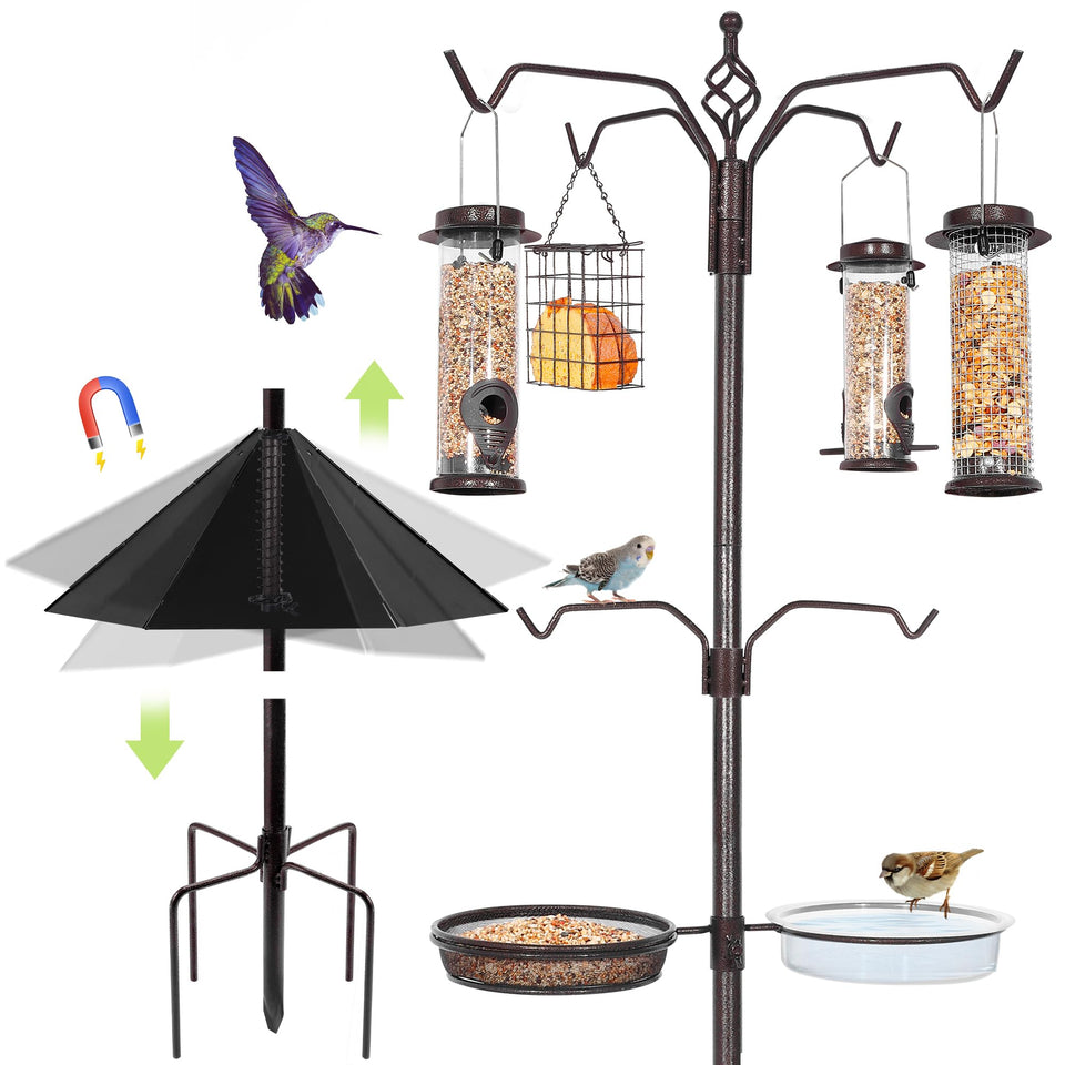 YINGYM 6-hook bird feeding station assembled in the yard for easy birdwatching.