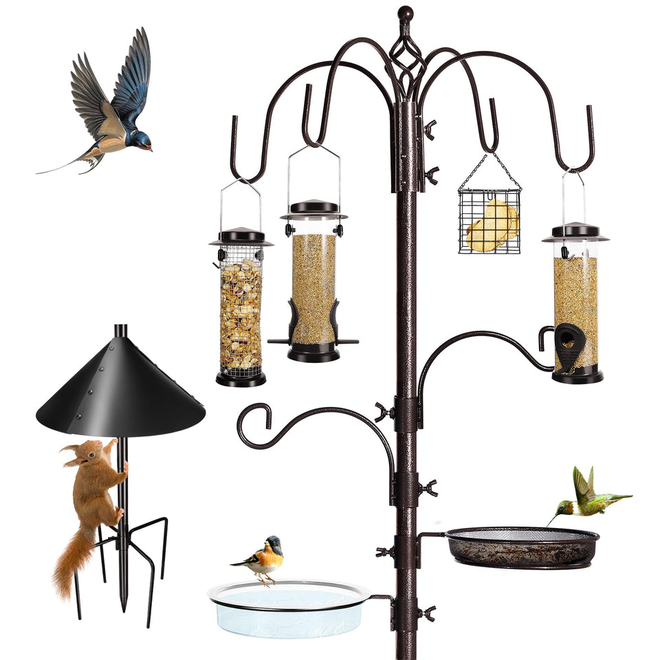 YINGYM 6-hook bird feeding station assembly shows easy setup for backyard viewing.