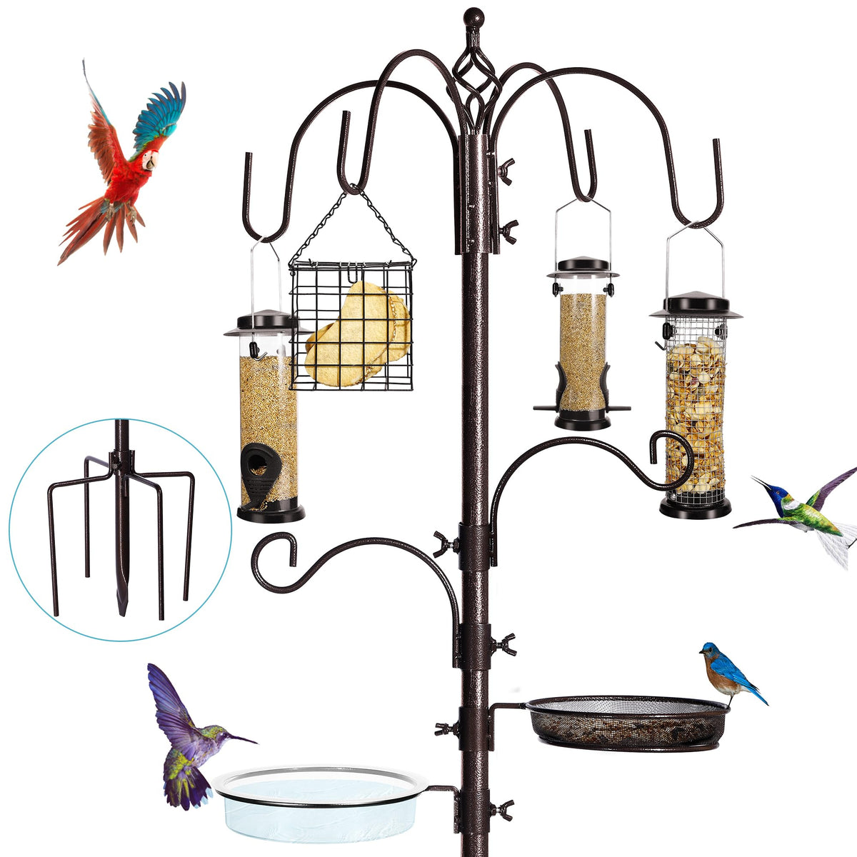 YINGYM 6-hook bird feeding station pole with multiple feeders for backyard viewing.