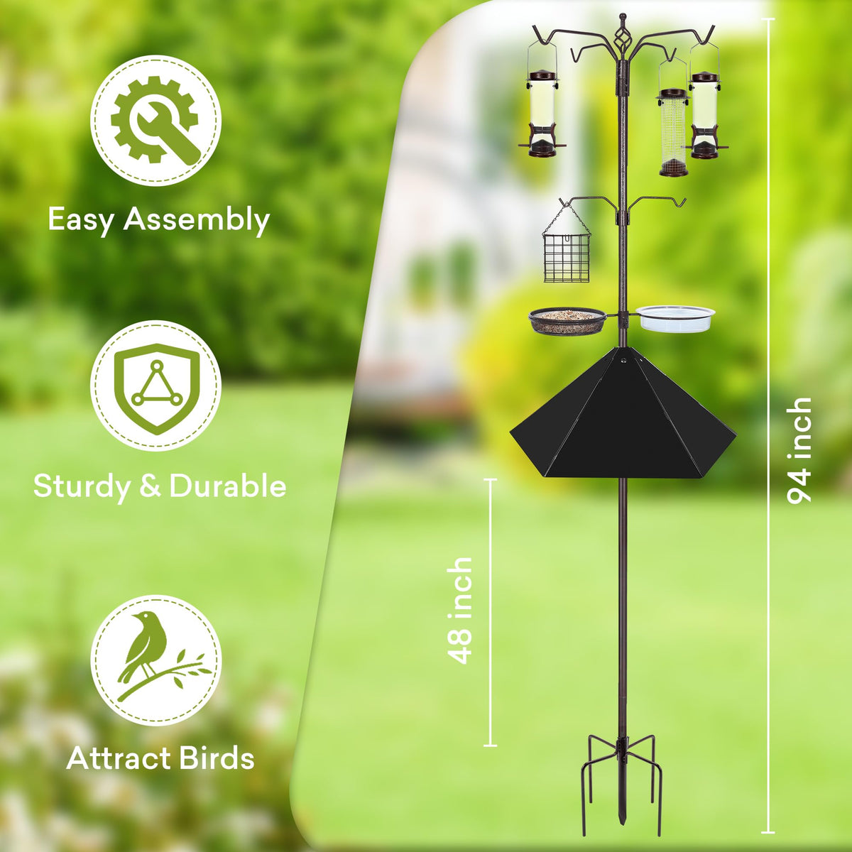 YINGYM 94-inch pole outdoor stand provides stable wildlife feeding.
