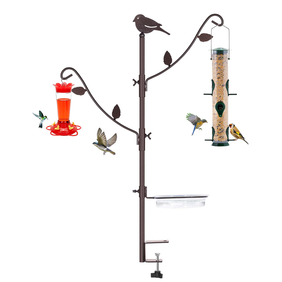 YINGYM deck bird feeder pole with two adjustable branches for versatile hanging.