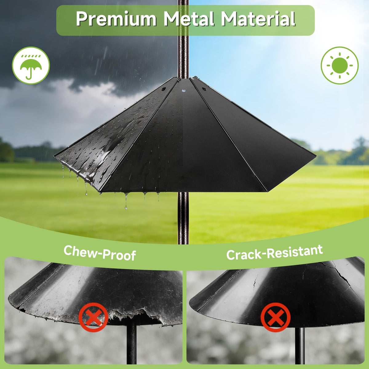 YINGYM outdoor matte-black squirrel-proof baffle protects feeders outside.