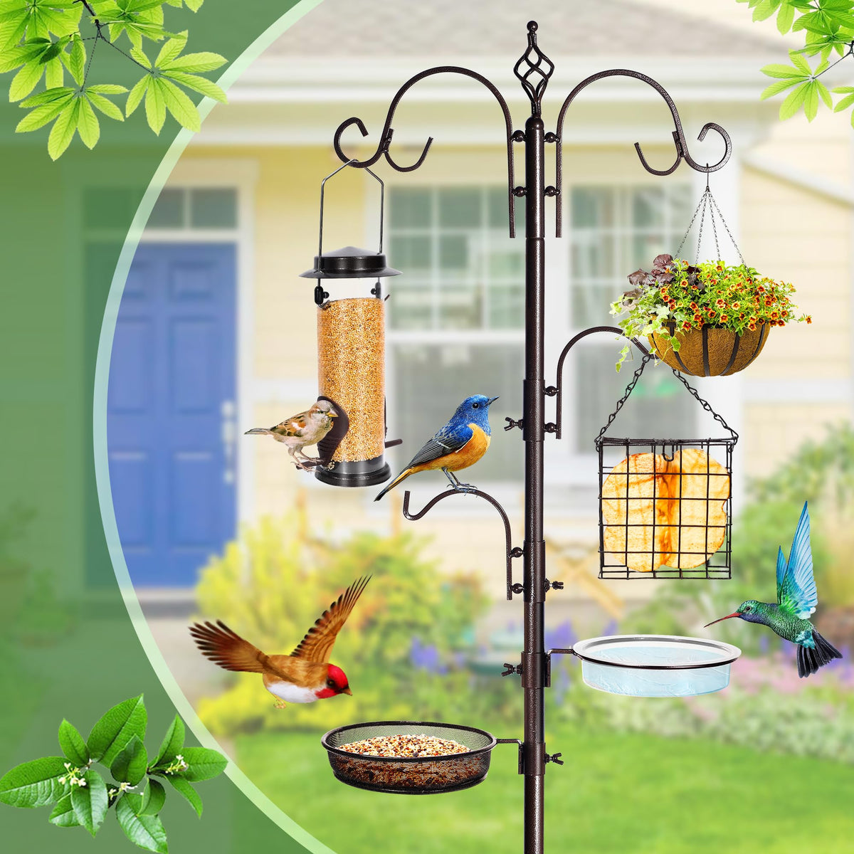 YINGYM tube bird feeder mounted on sturdy pole for birds.