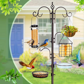 YINGYM tube bird feeder mounted on sturdy pole for birds.