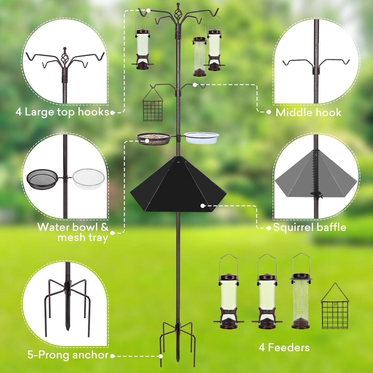 YINGYM wide 19-inch squirrel baffle prevents climbing and protects feeders.
