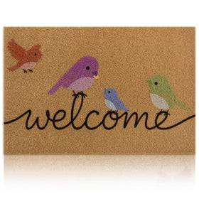 Yinhua Colorful Birds Coir Door Mat front view — natural texture cleans shoes effectively