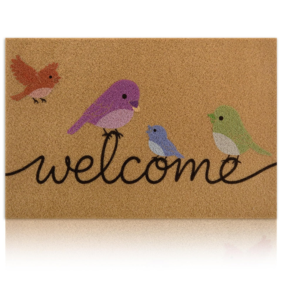 Yinhua Colorful Birds Coir Door Mat front view — natural texture cleans shoes effectively