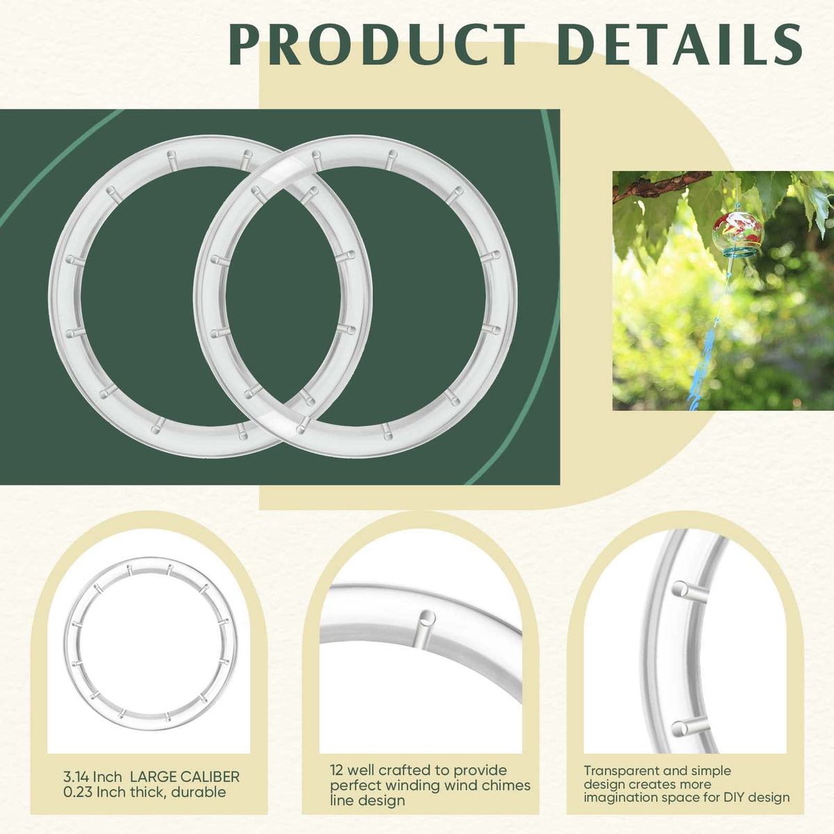 Yinkin wind chime top ring transparent suits patio garden displays.