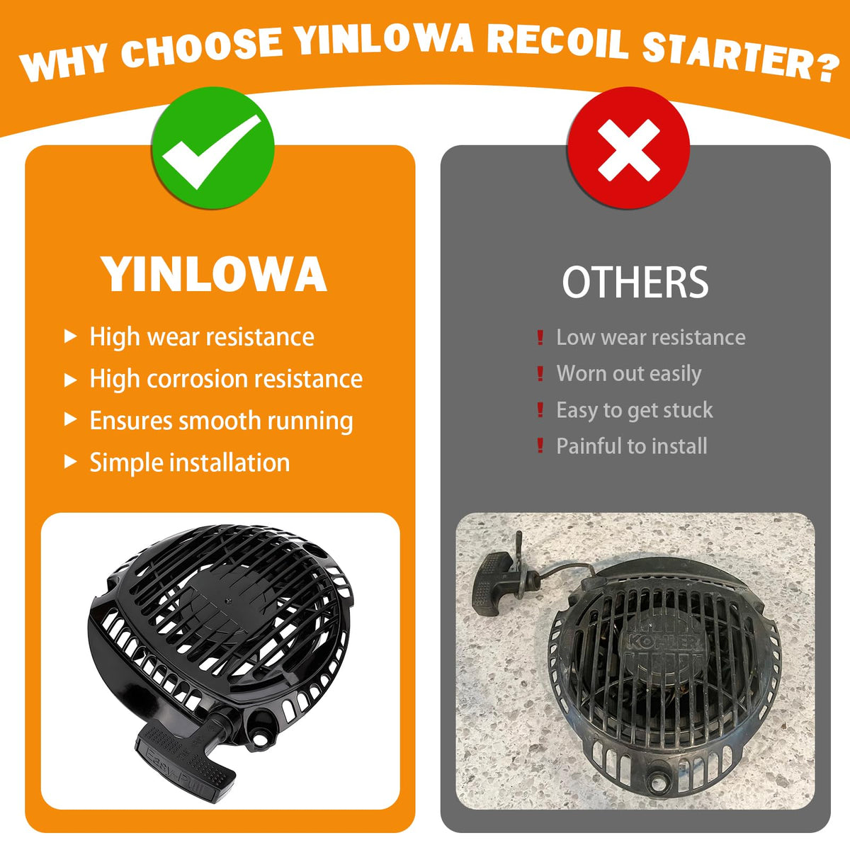 Yinlowa warranty notice confirms 12-month coverage for Kohler XT675-XT800 starter.