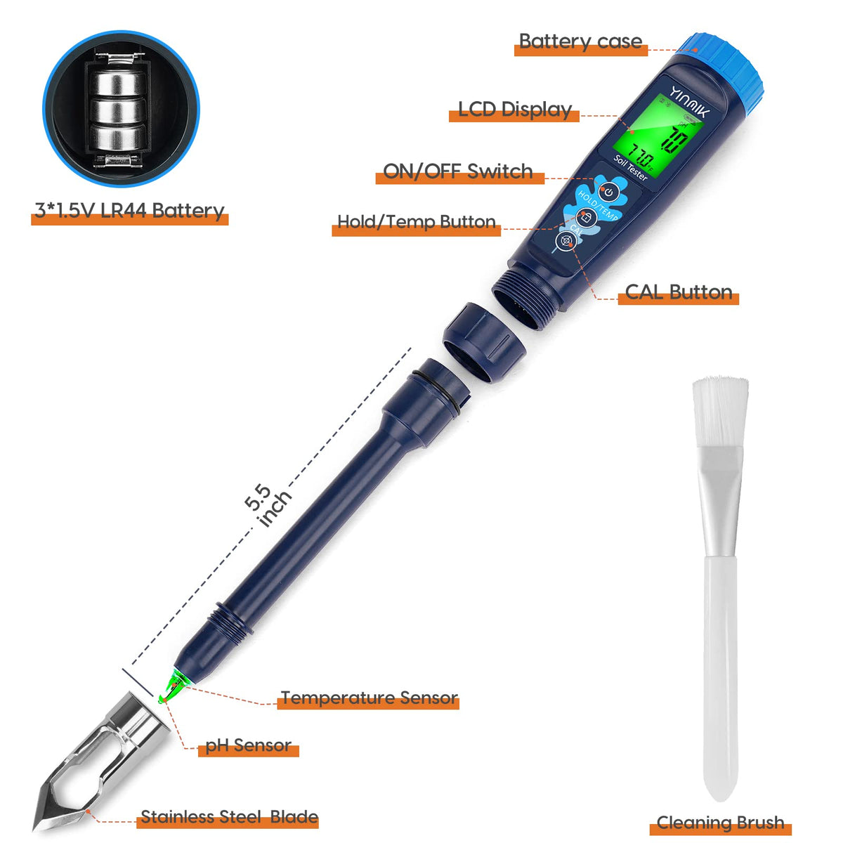 YINMIK soil pH meter close-up showing the dibber and sensor