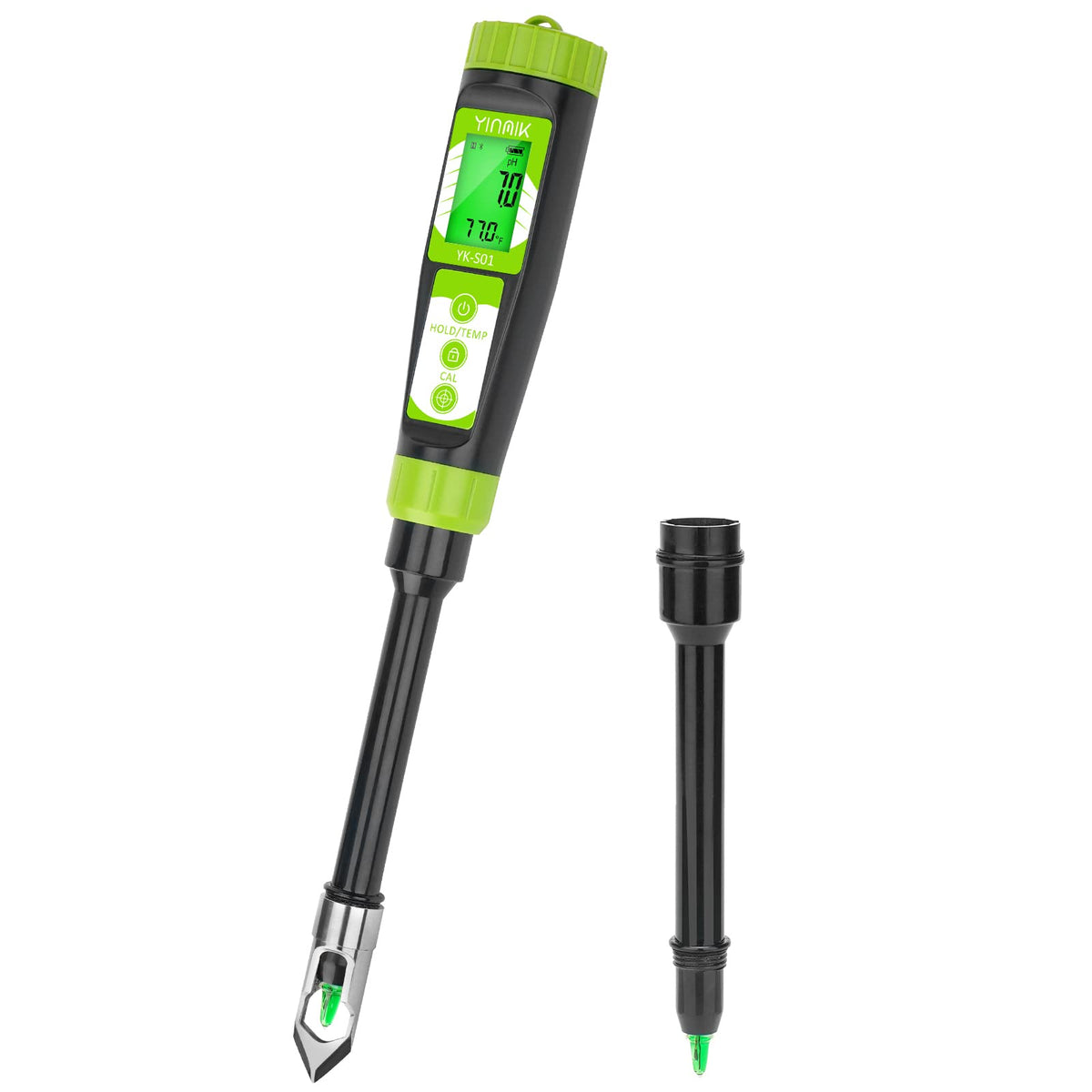YINMIK soil pH meter probe in soil delivering quick, accurate readings for gardeners.