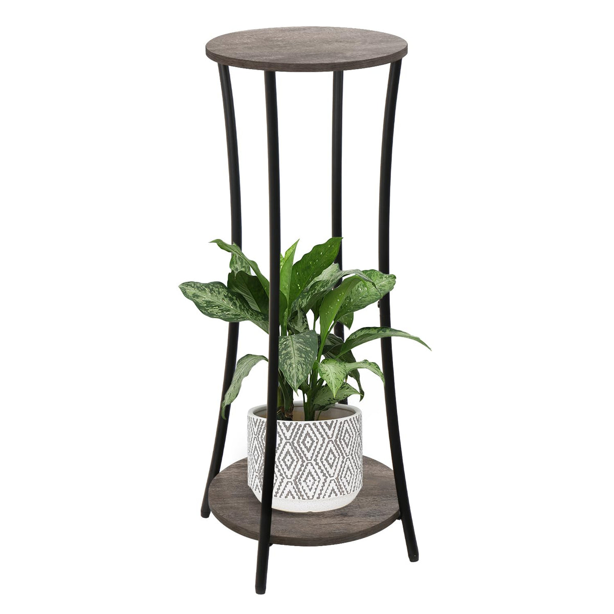 YINMIT round two-tier plant stand showcases greenery in a grey indoor space.