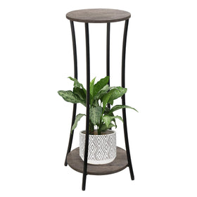 YINMIT round two-tier plant stand showcases greenery in a grey indoor space.