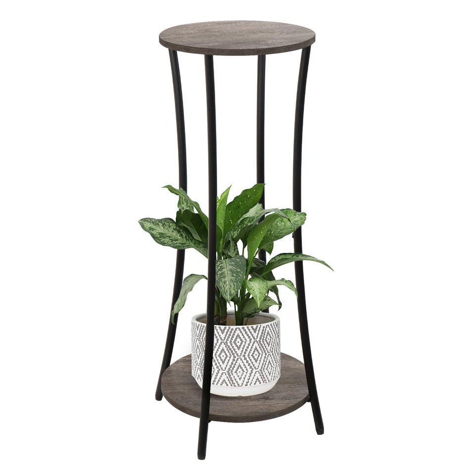 YINMIT round two-tier plant stand showcases greenery in a grey indoor space.