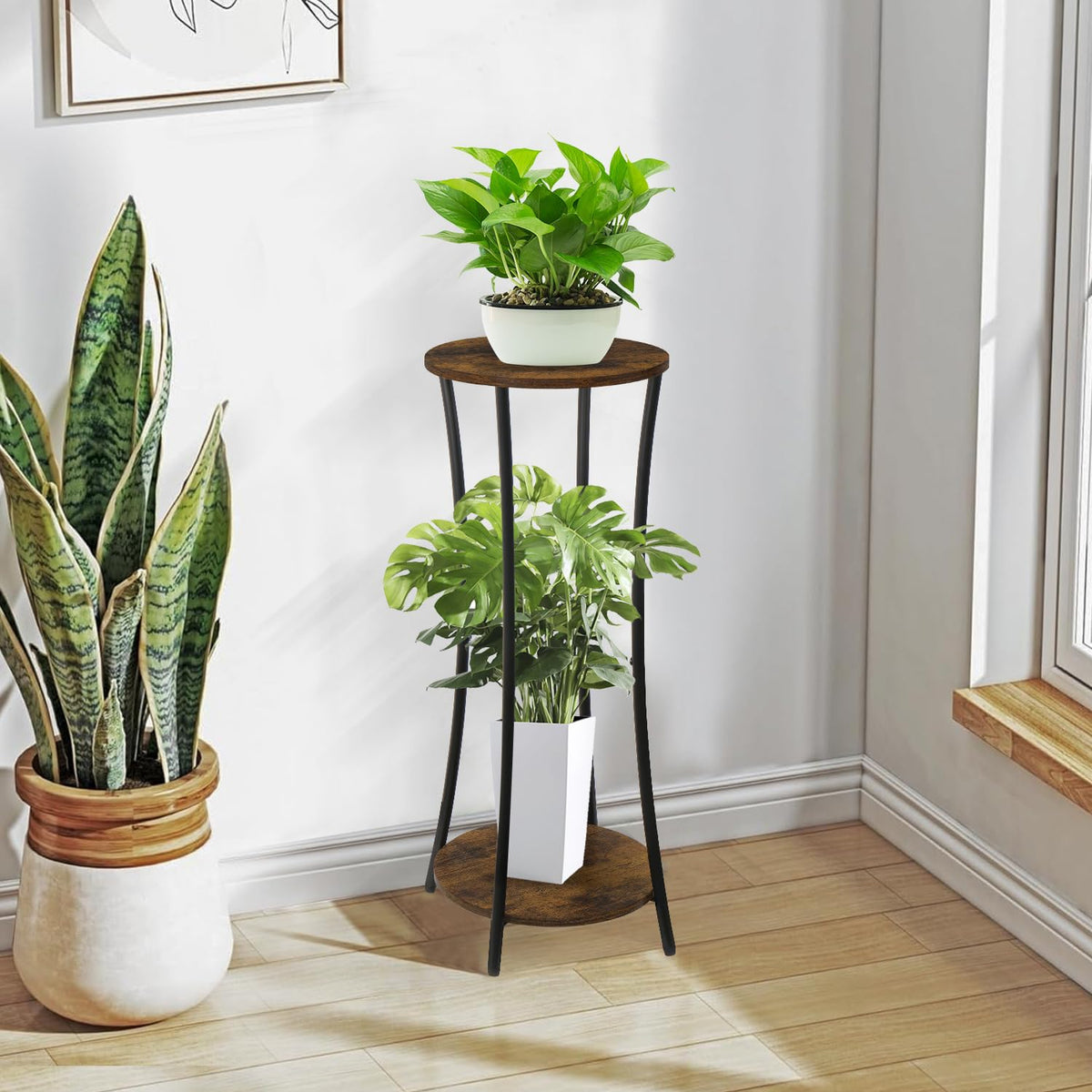 YINMIT round plant stand in a living room setup with greenery