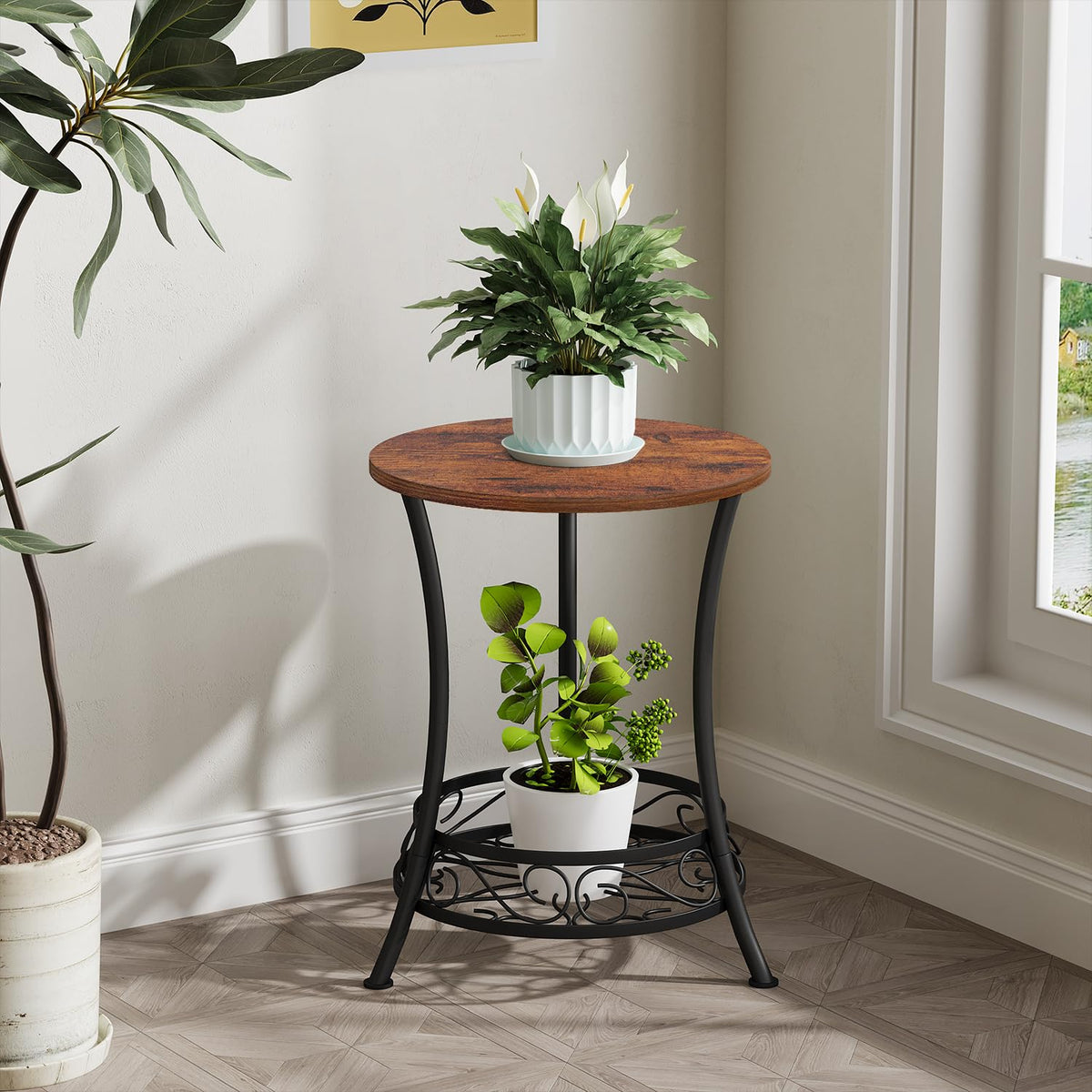 YINMIT rustic brown two-tier stand showcasing plants and decorative items