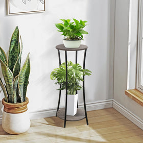 YINMIT two-tier plant shelf in grey finish complements modern decor.