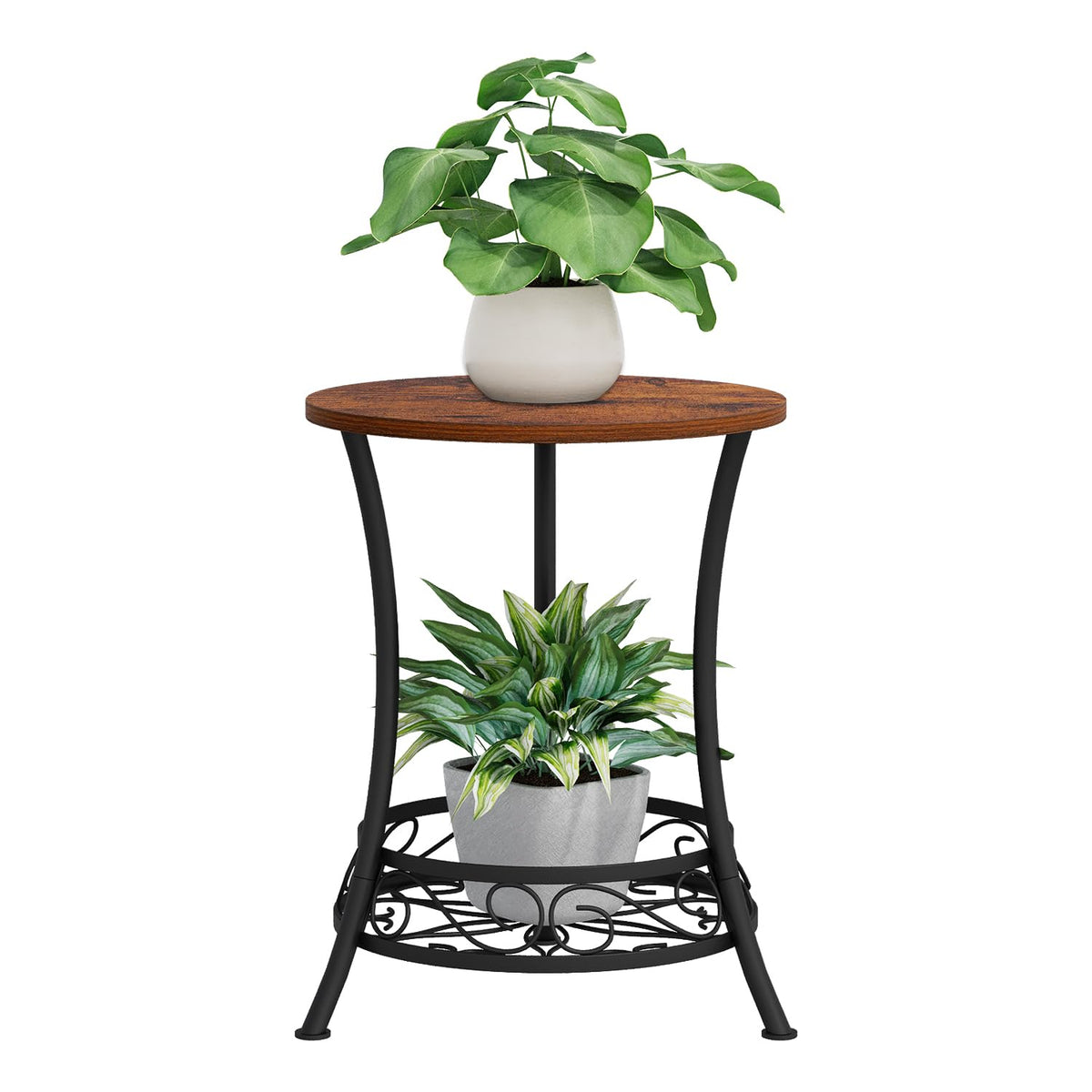 YINMIT two-tier plant stand in rustic brown placed in a living room corner showing vertical plant storage