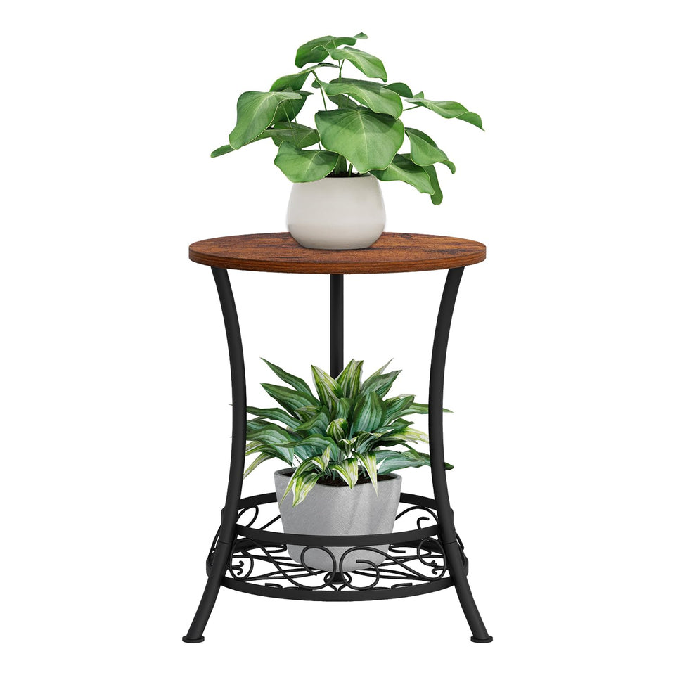 YINMIT two-tier plant stand in rustic brown placed in a living room corner showing vertical plant storage