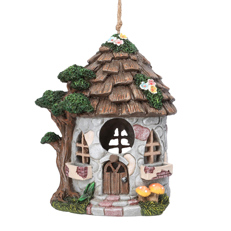 Yinns resin bird house hanging outdoors offering weatherproof shelter for small birds