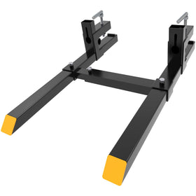 YINTATECH 60-inch clamp-on pallet forks attached to loader bucket for heavy lifting
