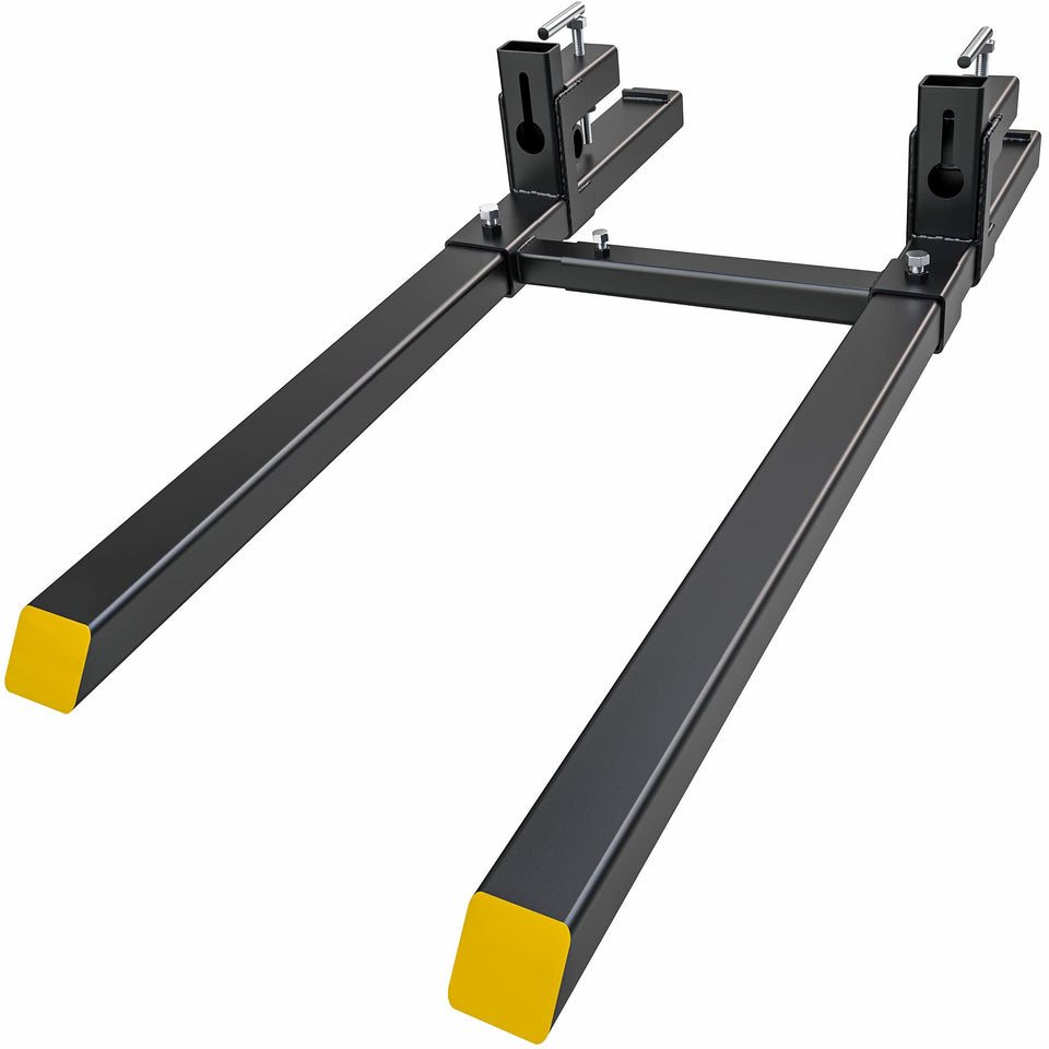 YINTATECH 60-inch pallet forks attached to bucket edge for heavy lifting tasks.