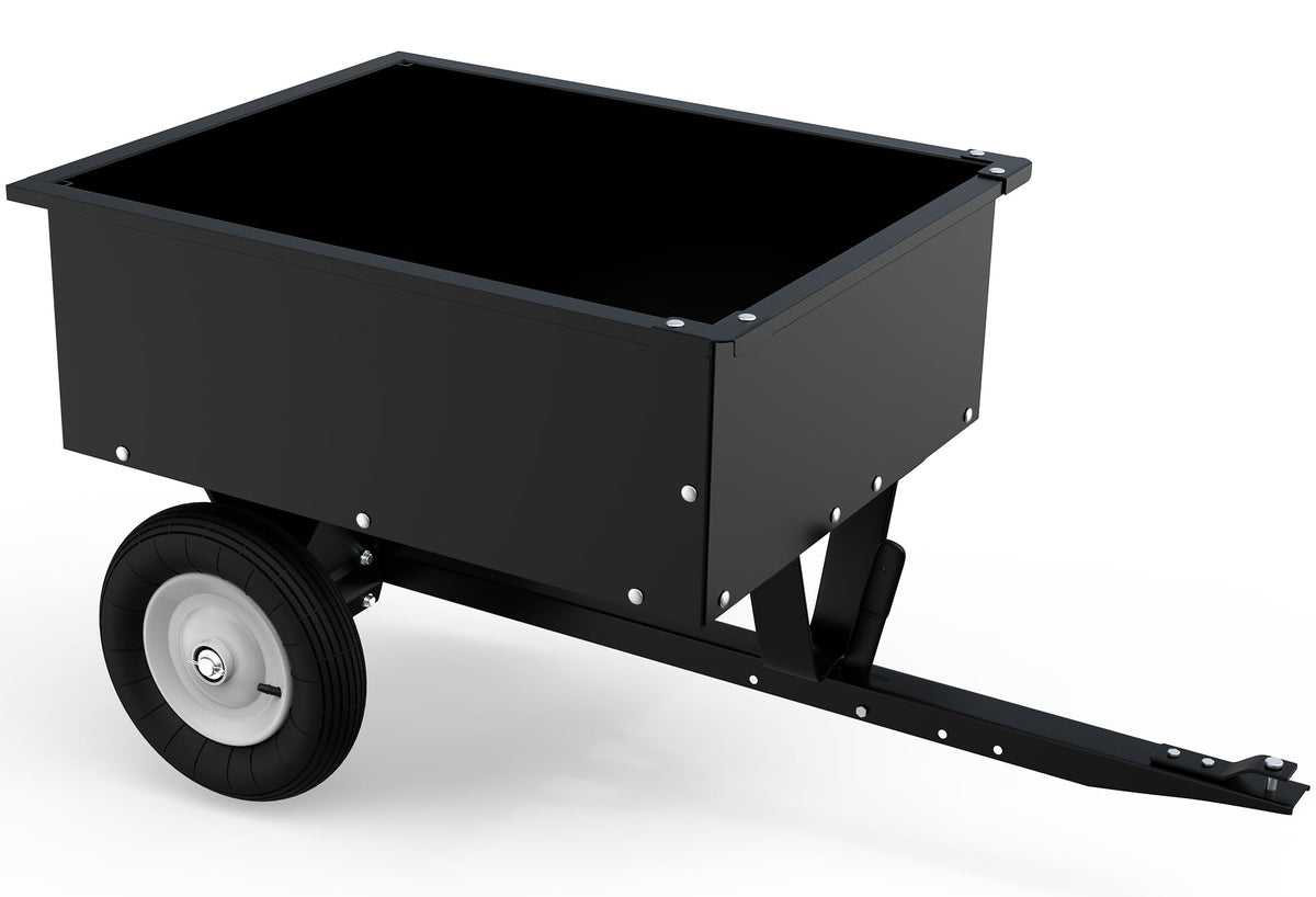 YINTATECH ATV dump trailer with 350-lbs capacity loads mulch easily on uneven ground